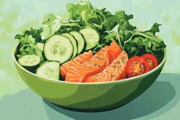 A vibrant and fresh scene of a healthy salad served in a green bowl.