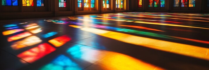 Wall Mural - Sunlight streams through a stained glass window, illuminating the interior with colorful patterns on the floor, creating a serene atmosphere during the day