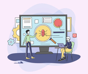 Wall Mural - programmers testing new application. male developers fixing bugs, using computer, working together. 