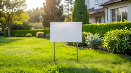 a blank white sign stands tall in a lush green lawn. ready for your message.