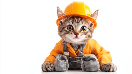 Funny cat wearing a builder's suit. Craftsman on a white background