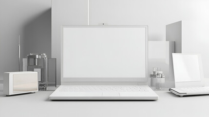 Wall Mural - Mock up of white laptop screen isolated on a white background rendered in 3D Mock up of computer display front view with clear portable data processor Mock up of computer monitor