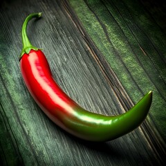 A vibrant. 3D rendered chili pepper with a glossy red body and green tip sits invitingly on a rustic wooden surface.