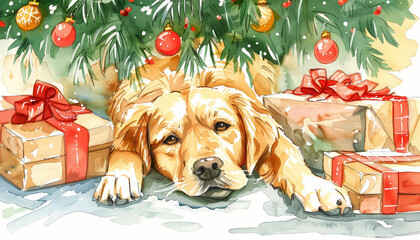 Poster - A dog is laying on the ground next to a Christmas tree