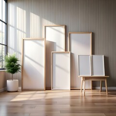 Canvas Print - A minimalist interior scene featuring five empty picture frames in various sizes. against a backdrop of warm. wood paneled walls.