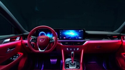 Red leather interior of a car with a digital display and LED lights.