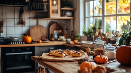 Wall Mural - Cozy Autumn Kitchen Scene with Homemade Treats