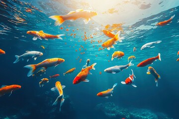 Poster - A school of colorful koi fish swimming underwater