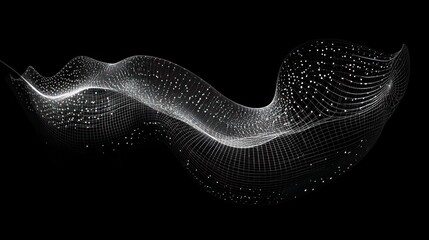 Sticker - Abstract wavy grid pattern with glowing particles on a black background.