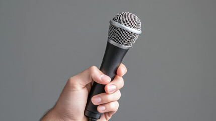 Man’s hand holding a microphone on a blue background.