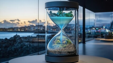 An hourglass filled with clean air in the top chamber and carbon emissions fading in the bottom, symbolizing the passage of time towards cleaner energy