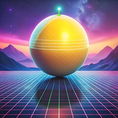 A vibrant 3D illustration of a glowing yellow sphere with a retro futuristic design. set against a 80s inspired landscape.