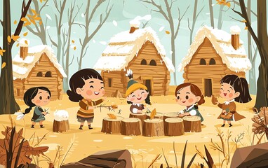 Children playing music in a wintery pilgrim village.