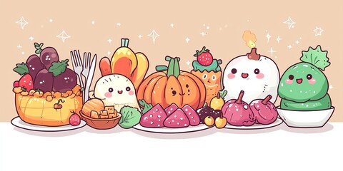 Cute cartoon fruit characters gathered together for a festive occasion.