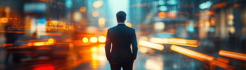 Wall Mural - Businessman Standing in a Vibrant Cityscape at Night with Blurred Lights and Reflections