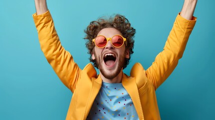 A joyful man in stylish sunglasses and a bright yellow jacket celebrates happiness against a vibrant blue background.