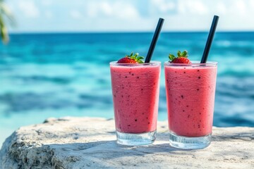 Two glasses of refreshing watermelon slushies garnished with watermelon slices,