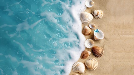 A serene beach scene with seashells scattered along the shore, where gentle waves meet golden sand under bright sunlight.