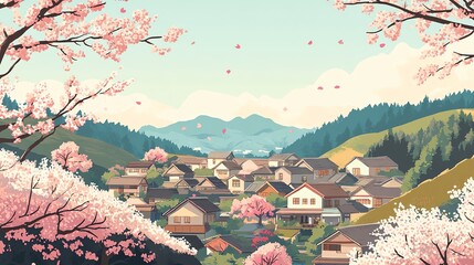 Wall Mural - Springtime Village Nestled Amongst Mountains and Cherry Blossoms