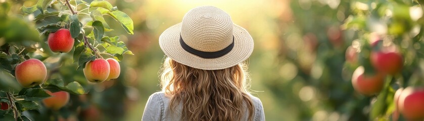 Wall Mural - Woman in Straw Hat Enjoying a Serene Apple Orchard at Sunset with Ripe Red Apples on Trees