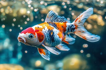 Poster - A Colorful Koi Fish with Red, White, Orange, and Black Scales Swimming in Water