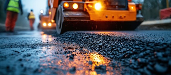 Wall Mural - Road Construction with Asphalt Paving Machine at Work During Early Morning with Workers in Background