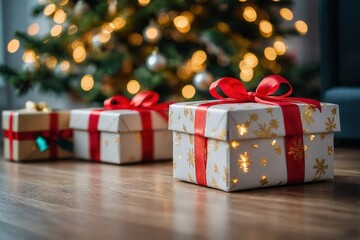 Beautiful Christmas gift boxes on floor near fir tree in room