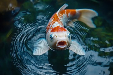 Poster - A Koi Fish with an Open Mouth Swimming Upwards in a Pond