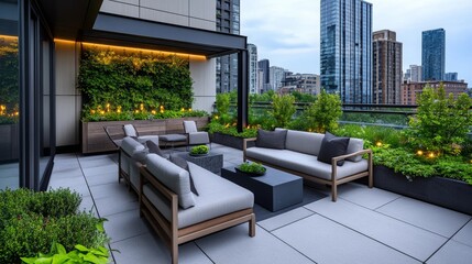 Wall Mural - Magical Urban Rooftop Garden at Twilight with Glowing Fairy Lights and Skyline Panorama