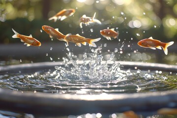 Goldfish leaping over water with a splash