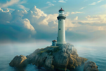 Wall Mural - Generative ai on theme of large retro lighthouse with beam of bright light shining out to blue sea