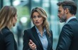 © yevgeniya131988 - Businesswoman listens to colleagues discussing in office, one co-worker gesturing seriously, woman in suit