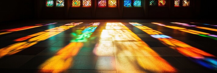 Wall Mural - Sunlight streams through a beautifully designed stained glass window, casting colorful patterns across the floor and enhancing the peaceful atmosphere of the location