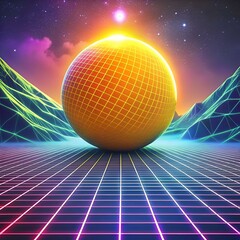 Retro futuristic 3D illustration of a glowing sphere on a grid. with a starry sky and cyberpunk landscape in the background.