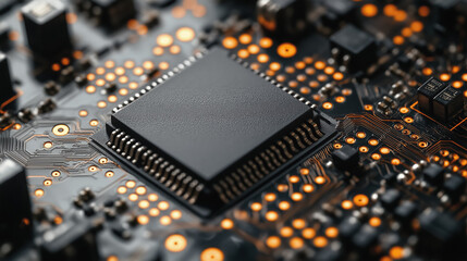 Close-up view of a black microchip on a circuit board with glowing orange connections, symbolizing technology and modern electronics.