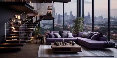 Sticker - Modern interior design, a living room with a double-height ceiling and a glass window on the right side.