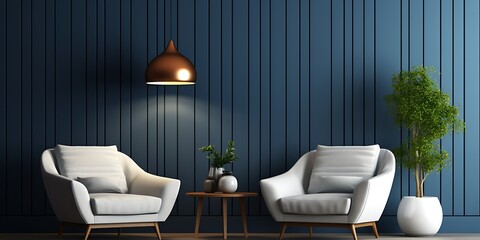 Modern interior design, with a dark blue wall featuring classic wainscoting and two armchairs.