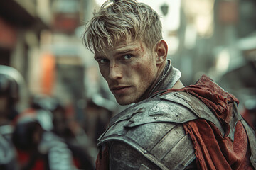 Wall Mural - 40 year old blond man, handsome, short hair, broad shoulders, impatient expression, wearing simple but elegant clothes in faded red and gray tones.