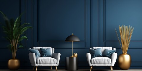 Sticker - Modern interior design, with a dark blue wall featuring classic wainscoting and two armchairs.