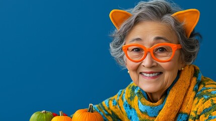 A woman in an orange sweater and orange glasses is smiling and making a fist. Woman is dressed up in a cat costume. A cheerful elderly lady wearing cat ears and vibrant orange glasses enjoys Halloween