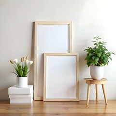 Wall Mural - A stylish mockup featuring two wooden frames. a plant in a white pot. and a decorative plant in a white pot.  set against a neutral wall.