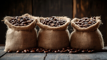 Roasted coffee beans in burlap sacks, set against a dark wooden background.