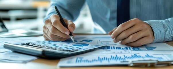 A businessman analyzing a virtual tax report with data visualizations, symbolizing in-depth financial research for tax returns