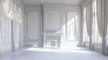 Wall Mural - Classic empty white interior with fireplace, curtains, windows, wall panels, 3D rendering, illustration