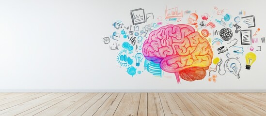 Wall Mural - Colorful Brain Sketch on White Wall with Wooden Floor