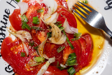 A plate of food with a fork on it, the food is a mix of tomatoes and onions