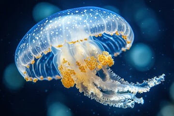 Wall Mural - A Close-Up View of a Spotted Jellyfish with Yellow Tentacles