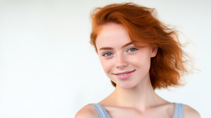 Canvas Print - Portrait of a smiling cheerful teenage girl with a short haircut and red hair, white background, banner.