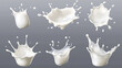 © Sahraya - Set of realistic milk splashes in various shapes with drops, isolated on a transparent background, vector illustration.