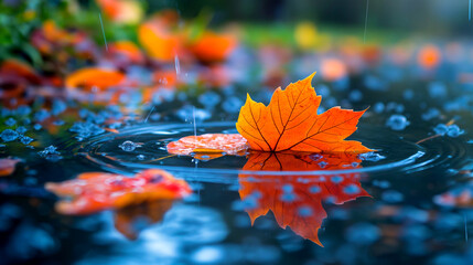 Autumn leaves floating in a rain puddle with raindrops. Generative AI	